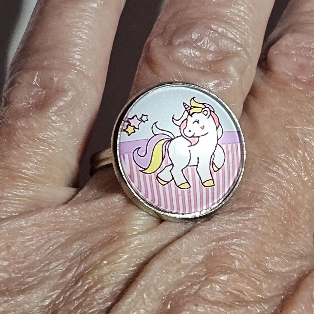 Silver Tone Carbochon Pastel Pink Blue Purple Unicorn Adjustable Ring